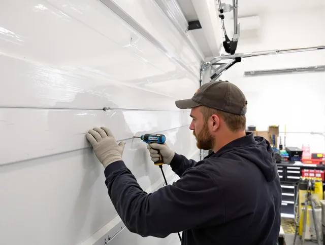 Ocala Garage Door Repair technician demonstrating precision dent removal techniques on a Ocala garage door