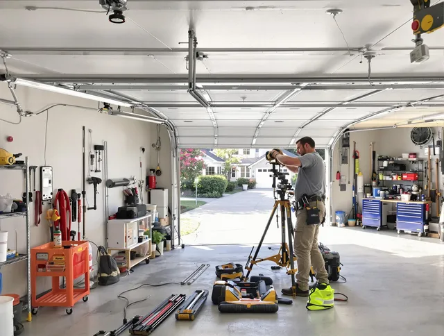 Ocala Garage Door Repair specialist performing laser-guided track alignment in Ocala